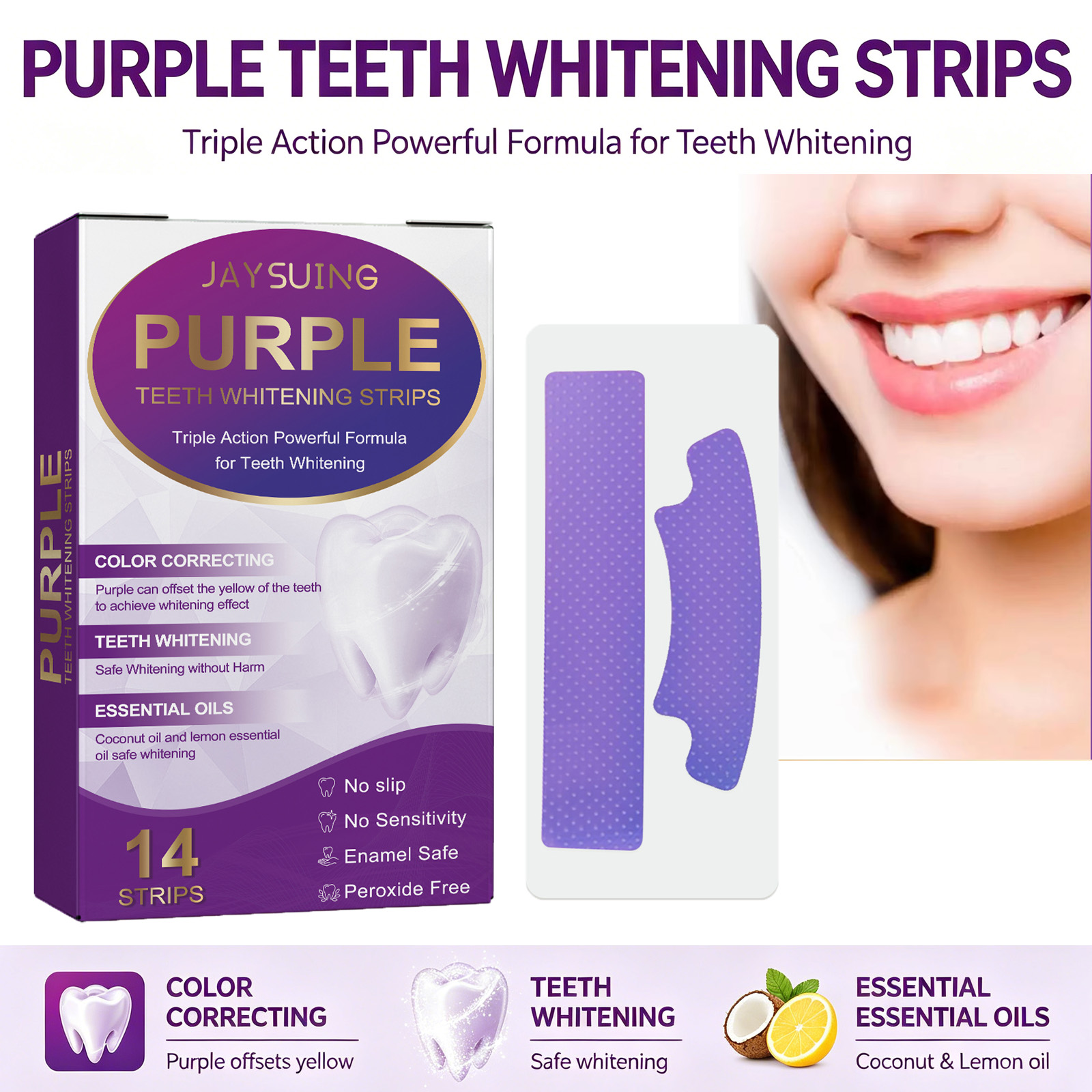 Teeth Whitening With Coconut Oil - แถบฟอกสีฟันสีม่วง ช่วยขจัดคราบฟัน ทำความสะอาด ดูแลสุขภาพช่องปาก ยิ้มสดใสขึ้นได้ที่บ้าน ฟอกสีฟัน