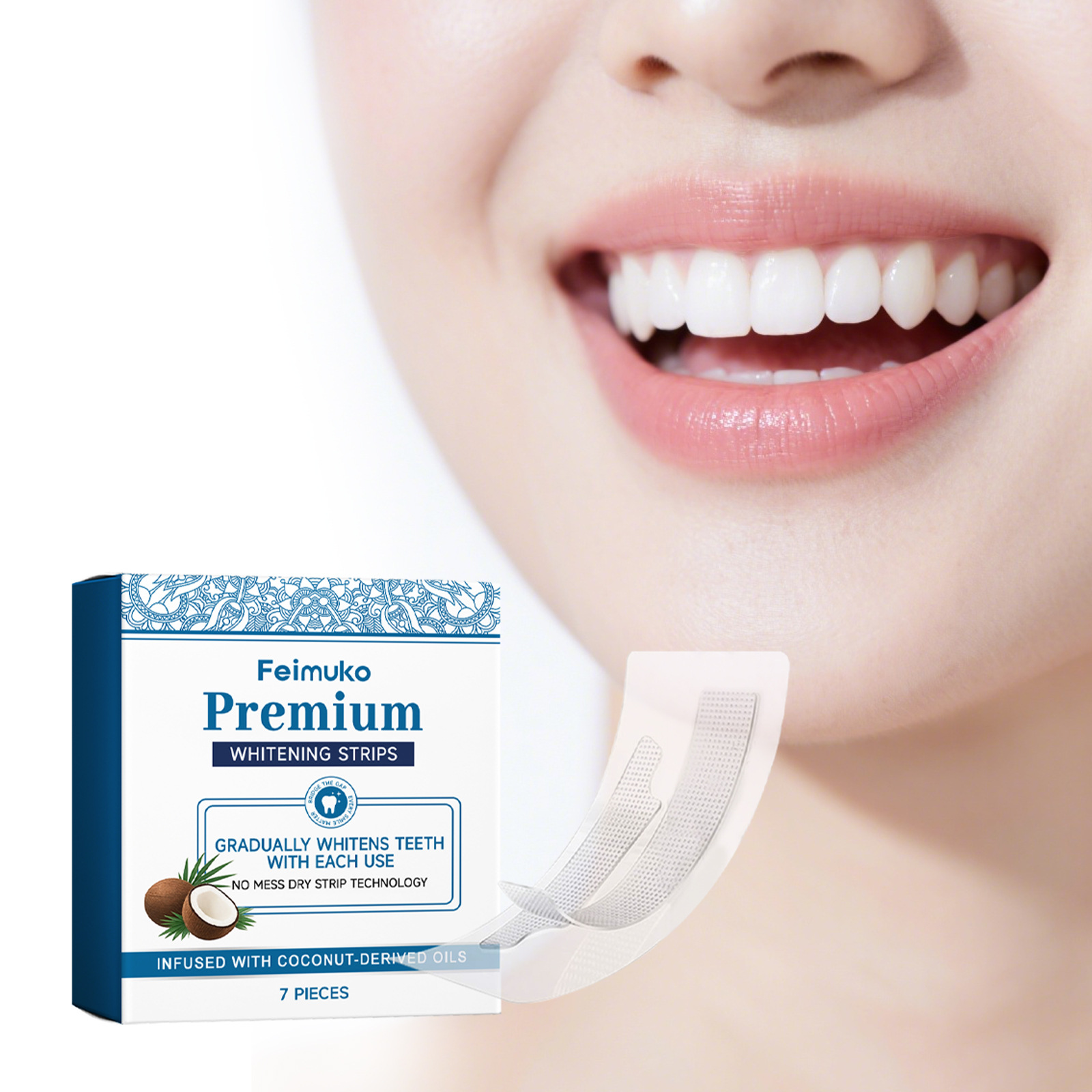 Teeth Whitening With Coconut Oil - แผ่นฟอกสีฟันน้ำมันมะพร้าวเฟยมูโกะ ให้ความขาวกระจ่างใสยาวนาน ขจัดคราบอย่างอ่อนโยน บำรุงเหงือก ดูแลฟันที่บอบบาง