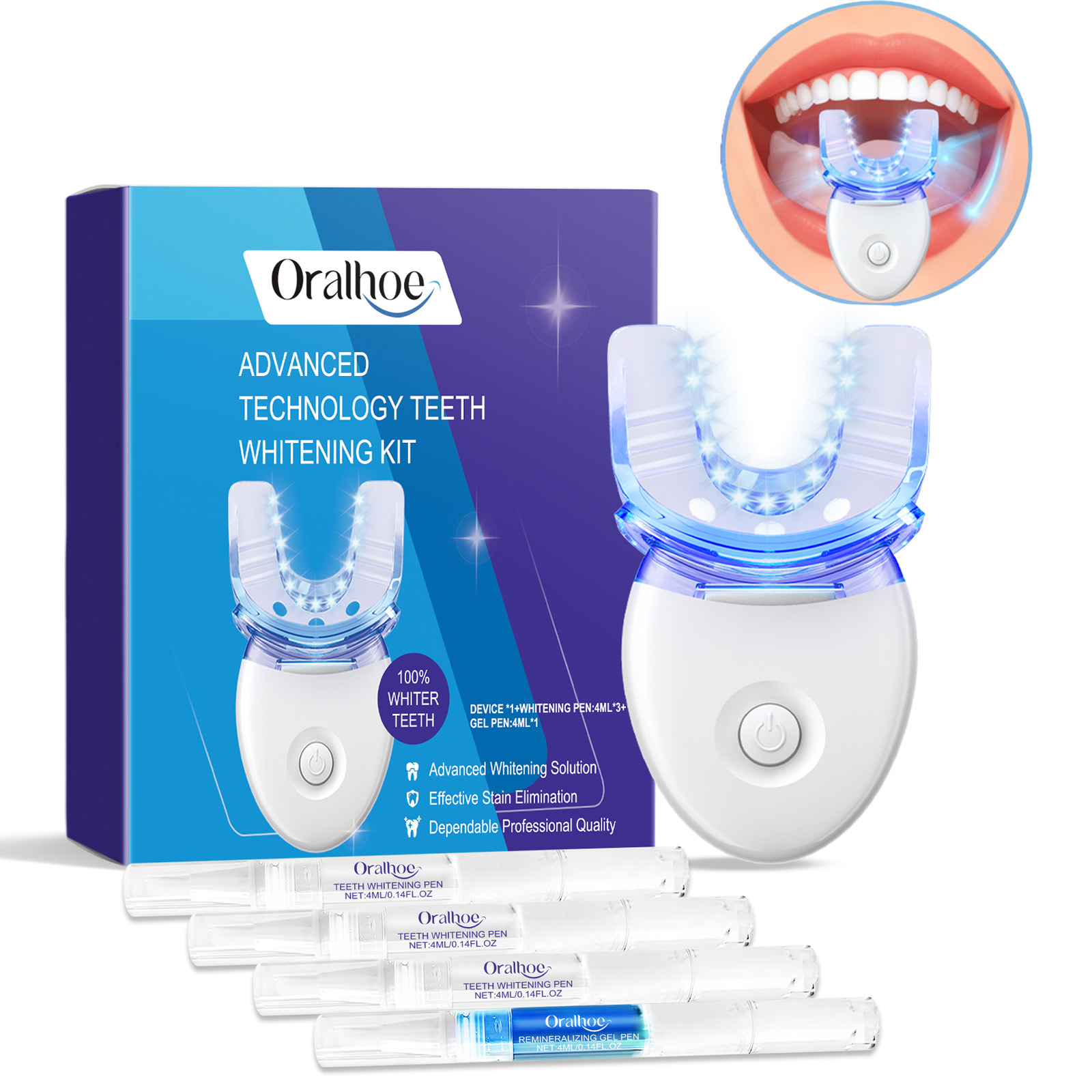 Teeth Whitening Led Kit - ชุดอุปกรณ์ฟอกสีฟันแบบมืออาชีพด้วยแสง LED พร้อมเจลฟอกสีฟัน 4 เท่า ระบบเร่งการฟอกสีฟันด้วยแสงสีฟ้า
